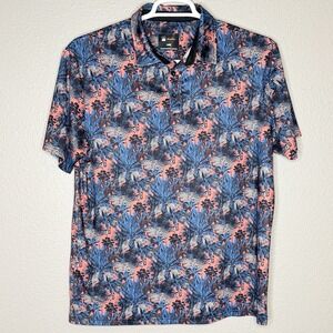 Flomotion Polo Shirt Large Tropical Jungle Print Stretch Golf Casual‎ Blue Pink